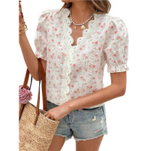 Blusa Feminina de Verão com Renda Floral, Decote em V, Elegante e Casual, Estilo Boho. Branco Leitoso S