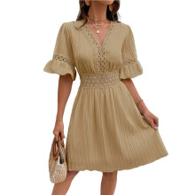 Women'S Boho Dress V Neck Lace Wedding Guest Dress Smocked Waist Bohemian Flowy Dresses Khaki XL