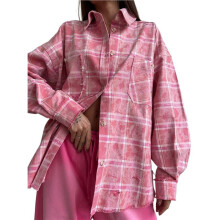 Camisa Feminina de Flanela de Manga Comprida, Xadrez Casual com Botões Rosa M