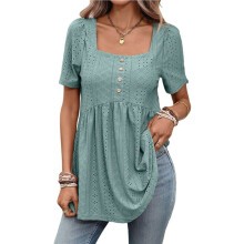 Blusas Túnicas Femininas Folgadas de Manga Curta com Decote Quadrado e Botões, Perfeitas para o Verão. Verde Escuro XL