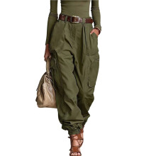 Womens Multi Pocket Cargo Pants Loose Fit Wide Leg Casual Long Trousers Streetwear Trendy Style Army Green L