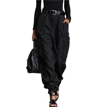 Womens Multi Pocket Cargo Pants Loose Fit Wide Leg Casual Long Trousers Streetwear Trendy Style Black XXL