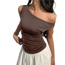 Blusas Femininas Ombro A Ombro, Blusas Fofas Sem Mangas com Estampa de Bolinhas e Franzidos para Sair À Noite Castanho Escuro XL