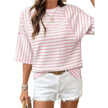 Blusas Femininas Oversized, Camisetas Listradas com Blocos de Cores, Camisetas de Manga Curta, Blusas com Gola Redonda Rosa L