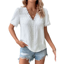 Blusas Femininas Boho com Renda, Crochê, Decote em V, Estampa de Bolinhas, Estilo Túnica, Manga Curta e Pompons Branco S