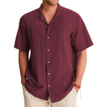 Camisas Masculinas de Linho, Manga Curta, com Botões, para o Verão, Ideais para Praia Vermelho Profundo M