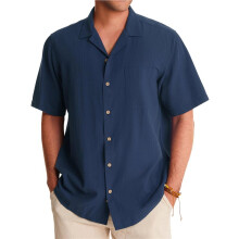 Camisas Masculinas de Linho, Manga Curta, com Botões, para o Verão, Ideais para Praia Azul Marinho XL