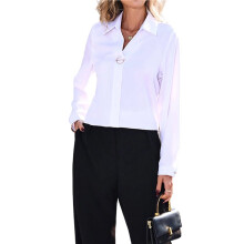 Camisa Feminina de Botões, Camisa Social de Manga Comprida com Gola, Blusa Social para Negócios Branco L