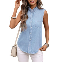 Blusa Feminina Regata Jeans com Decote em V, Gola com Botões e Sem Mangas, Estilo Casual. Azul Claro L