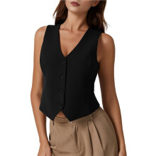 Regatas Femininas, Regata de Malha Sem Mangas com Decote em V e Botões para Looks Casuais de Negócios Preto S