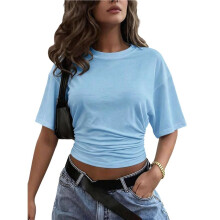 Camiseta Feminina de Gola Redonda com Cintura Ajustável, Manga Curta, Estilo Casual, Ideal para Exercícios Azul Claro M