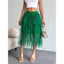 Saia Feminina Irregular de Tule e Malha, Cintura Alta, Versátil, Modeladora e com Camadas. Verde Escuro L