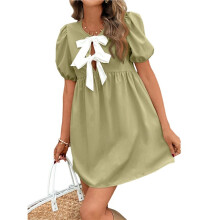 Women Casual Summer Puff Sleeve Dress Tie Front Cut High Waist Peplum Dress Yellow-Green S