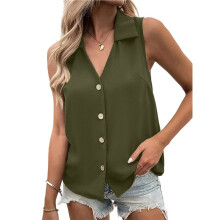 Women'S Cotton Sleeveless Button-Down Shirt for Work, Leisure, and Travel Army Green S