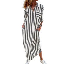 Women'S Summer 3/4 Sleeve Striped Shirt Dress Business Casual Half Zipper Maxi Long Beach Dress Black & Gray L