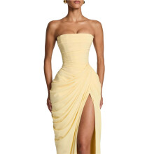 Lange Jurken voor Dames met Open Rug, Hoge Split en Strapless Design, Geschikt voor Gala'S, Cocktails, Bruiloften en Andere Gelegenheden. Lichtgeel S