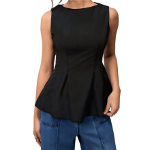 Blusa Feminina Sem Mangas com Peplum, Modelagem Slim Fit, Gola Redonda, Ideal para Ocasiões Formais e Informais, Perfeita para o Verão. Preto S