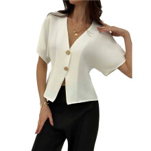 Cardigã Feminino com Botões Irregulares, Manga Curta, Elegante e Casual, Ideal para o Verão, para o Trabalho e Negócios Branco XL