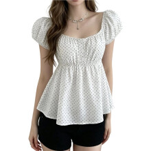 Damesblouse met Stippen en Pofmouwen, Vierkante Halslijn, Slanke Pasvorm, Korte Casual Top Wit M