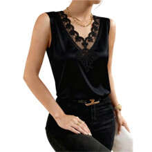 Blusa Feminina de Cetim com Decote em V Contrastante, Sem Mangas e Apliques, Ideal para o Verão. Preto XL