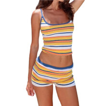 Conjunto Feminino de Verão com Duas Peças: Blusa Regata Listrada e Shorts de Malha. Ideal para Relaxar em Casa. Azul e Amarelo S