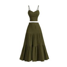 Conjuntos de Saia Maxi de 2 Peças para Mulheres com Top Cropped e Saia Midi Fluida com Babados para Férias e Saídas Verde Exército L