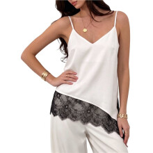 Blusa Regata Feminina de Cetim com Detalhes em Renda, Decote em V e Alças Finas Assimétricas. Branco XL