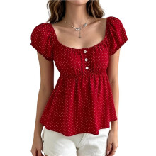 Blusa Feminina de Bolinhas com Mangas Bufantes, Decote Quadrado Francês, Cintura Ajustada, Modelo Curto e Casual. Vinho Tinto L