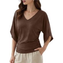 Blusas Femininas para Primavera/Verão, Elegantes e Casuais, com Decote em V, Manga 3/4 Morcego e Franzidos. Castanho Escuro M