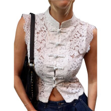 Blusa Sem Mangas de Guipure com Gola Mandarina de Renda para Mulheres Branco M