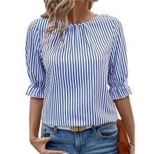 Blusa de Gola Redonda Listrada para Mulheres com Botão Nas Costas e Mangas com Renda, Tops Casuais para Trabalho Azul XXL