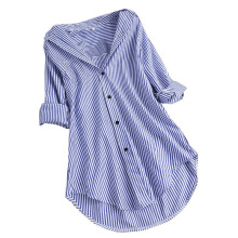 Camisas Femininas Listradas com Botão, Clássicas, de Manga Longa, Elegantes, Blusas de Trabalho Azul Profundo L