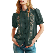 Women'S Boho Embroidered Blouse Puff Short Sleeve Button Summer Peasant Top Dark Green M