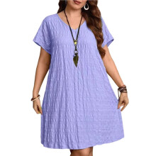 Vestido Solto de V Neck para Mulheres Size, Manga Curta, Texturizado, Casual, Tunic de Verão Roxo Lavanda XL