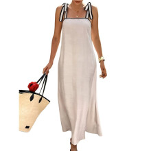 Women'S Summer Linen Maxi Dress Contrast Spaghetti Strap Dress Backless Casual Party Beach Dresses White L