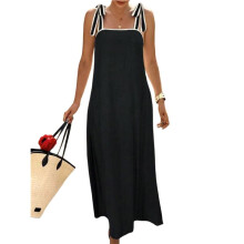 Women'S Summer Linen Maxi Dress Contrast Spaghetti Strap Dress Backless Casual Party Beach Dresses Black L