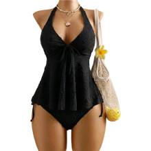 Frauen Tankini Badeanzüge Texturiert Fließendes Halter Bikini Set Bauchkontrolle Anständige Badeanzüge Schwarz S