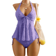 Frauen Tankini Badeanzüge Texturiert Fließendes Halter Bikini Set Bauchkontrolle Anständige Badeanzüge Violett XL
