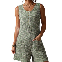 Macacão Feminino Casual Folgado em Malha Waffle, Modelo Jardineira de uma Peça com Pernas Largas e Curtas. Verde-Militar XL