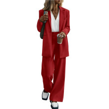 Damenanzug, 2-Teilig, Business Casual, Elegant, Oversized-Blazer und Weit Geschnittene Hose, Formelle Outfits Rot S