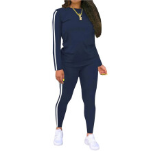 Damen 2-Teiliges Klassisches Streifen-Outfit, Lange Jogginghose mit Ärmeln, Loungewear-Set Dunkelblau XXL