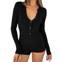 Dames Jumpsuit met V-Hals, Lange Mouwen en Korte Broek, Y2K-Stijl, Jumpsuit Uit Één Stuk, Bodycon Pyjamaset, Gym Bodysuit Zwart L