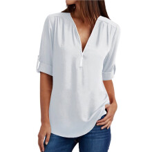 3/4 Length Sleeve Womens Tops Zipper V Neck Collared Blouses Business Casual Tunics Spring Trendy White L