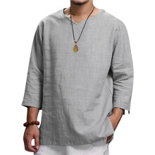 Camisa Masculina de Praia com Decote em V, Cordão e Manga Curta Cinza XXXL