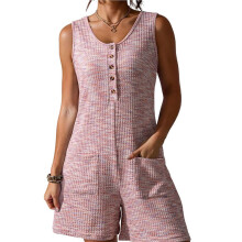 Macacão Feminino Casual Folgado em Malha Waffle, Modelo Único com Pernas Largas e Calça Curta. Rosa S