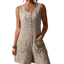 Macacão Feminino Casual Folgado em Malha Waffle, Modelo Jardineira de uma Peça com Pernas Largas e Curtas. Cáqui S