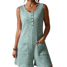 Macacão Feminino Casual Folgado em Malha Waffle, Modelo Jardineira de uma Peça com Pernas Largas e Curtas. Verde S