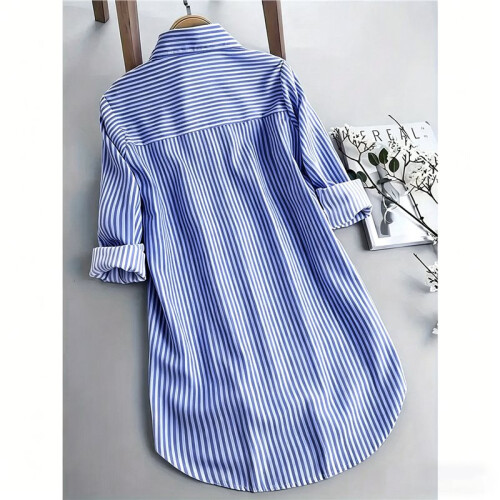 Womens Striped Button Down Shirts Classic Long Sleeve Stylish Collared Work Blouses Tops Deep  L 2