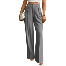 Damen-Hose mit Weitem Bein, Hoher Bund, Business-Casual-Arbeitshose, Elegante Hose mit Taschen Hellgrau M