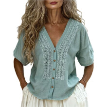 Bestickte Blusen für Damen - Boho-Tops mit V-Ausschnitt und Kurzen Ärmeln, Elegante Sommerblusen für Den Alltag Blau L